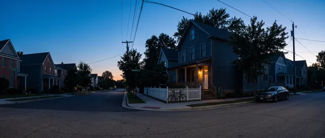An American residential street corner at blue hour, one porch light on at the corner house